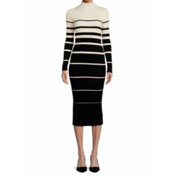STITCHDROP Dresses & Skirts - Stitchdrop Ribbed Black Cream Striped Mock Neck Midi Sweater Dress